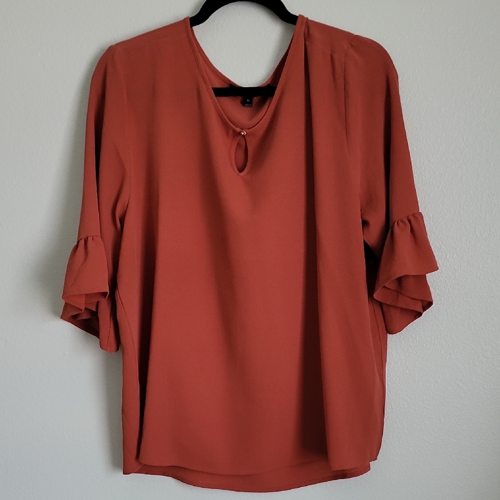 Harve Benard Terracotta Blouse with Ruffle Sleeves